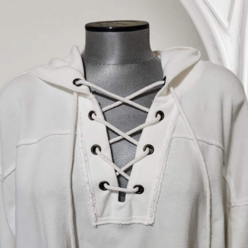 Aerie Soft White Front Lace Up Hooded Sweatshirt Ribbed Cuffs & Rolled Hem (XS) - Picture 2 of 11